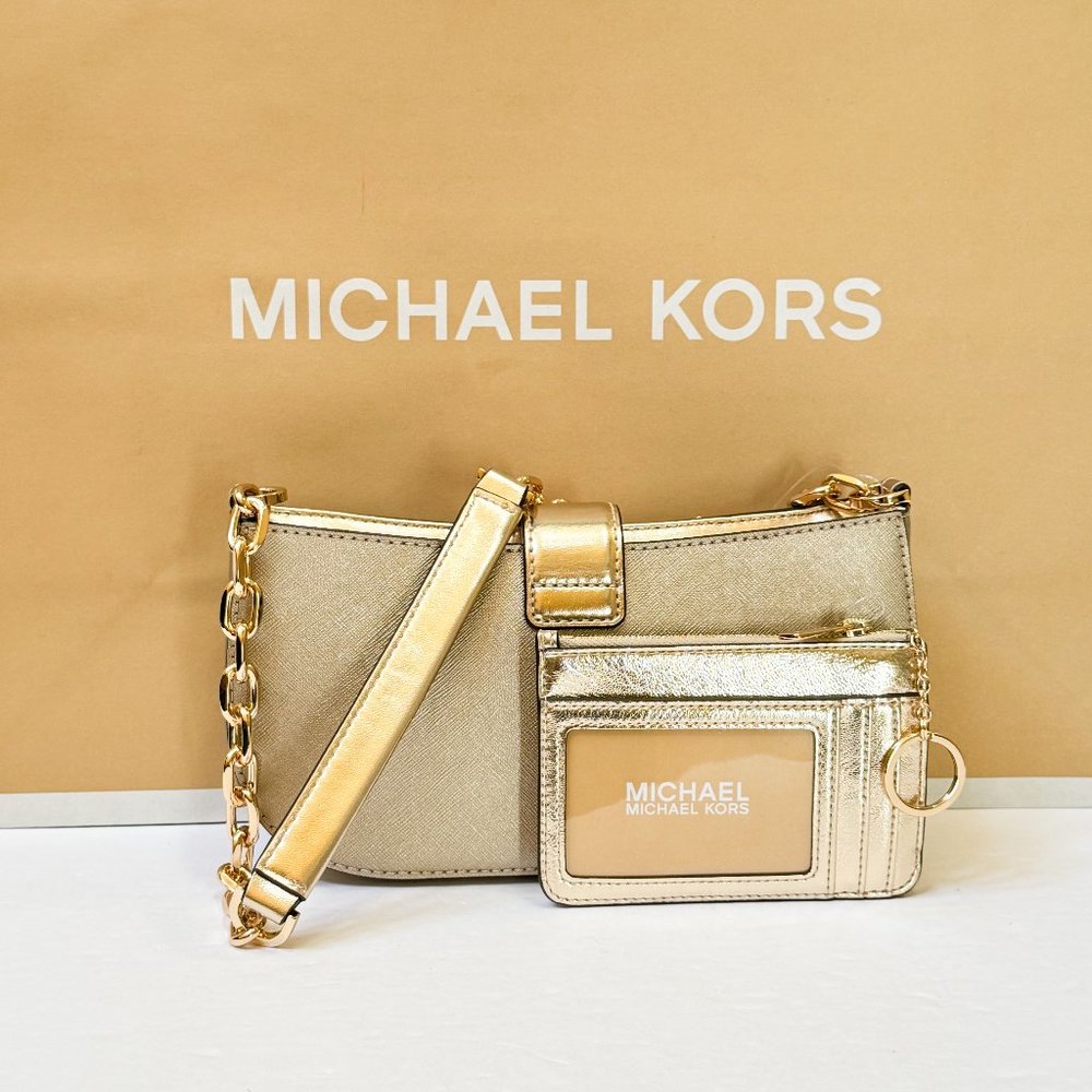 Michael Kors Carmen Small Shoulder Chain Bag + Coin ID Key Wallet Pale Gold - Picture 2 of 14
